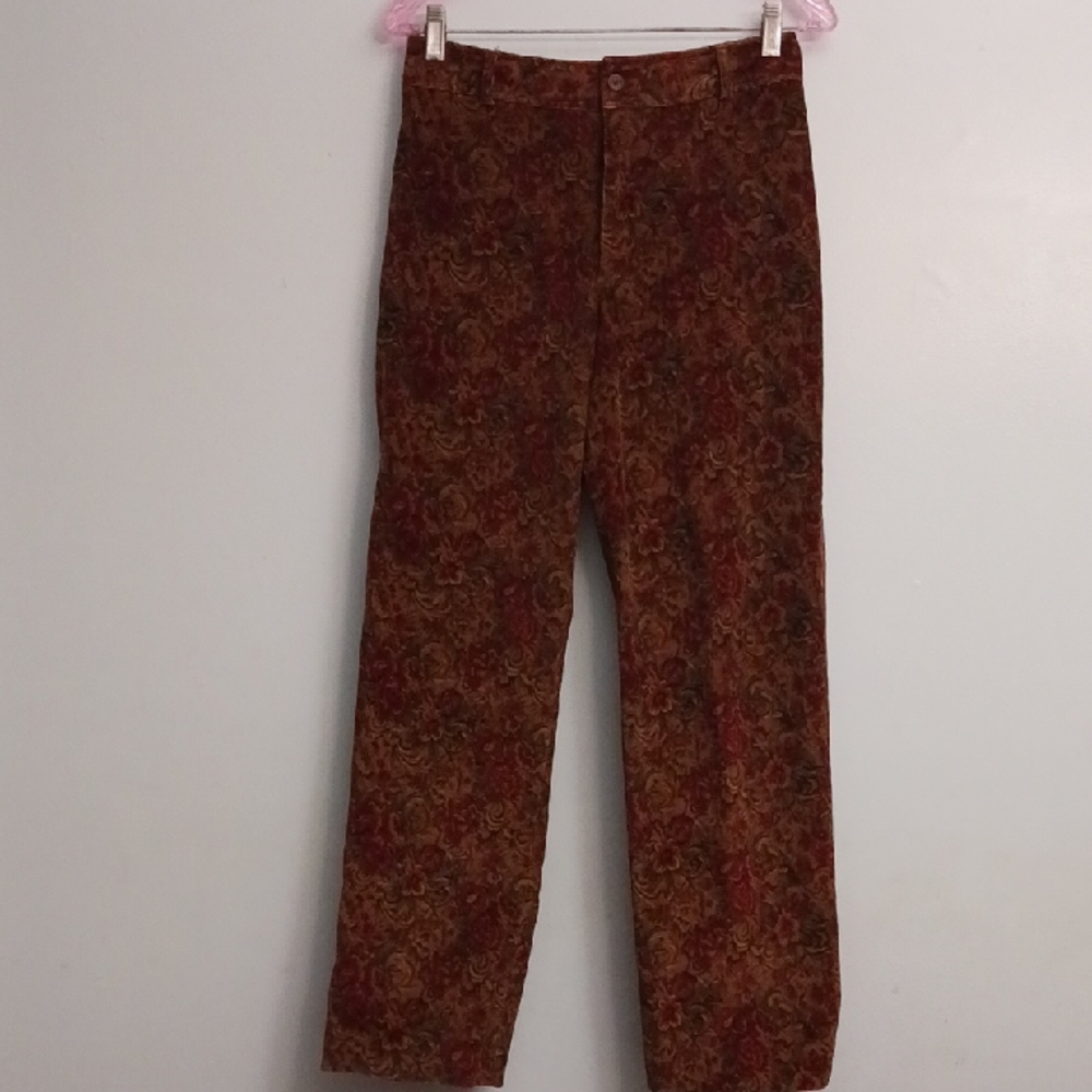 Rafaella size 8P women's stretch brown corduroy tapestry straight leg pants.